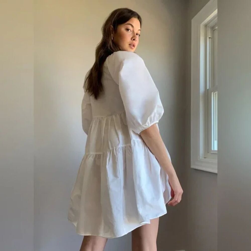 ARITZIA Wilfred White Fantasy Taffeta Crepe Tiered Baby Doll Mini Dress Small - Picture 3 of 11